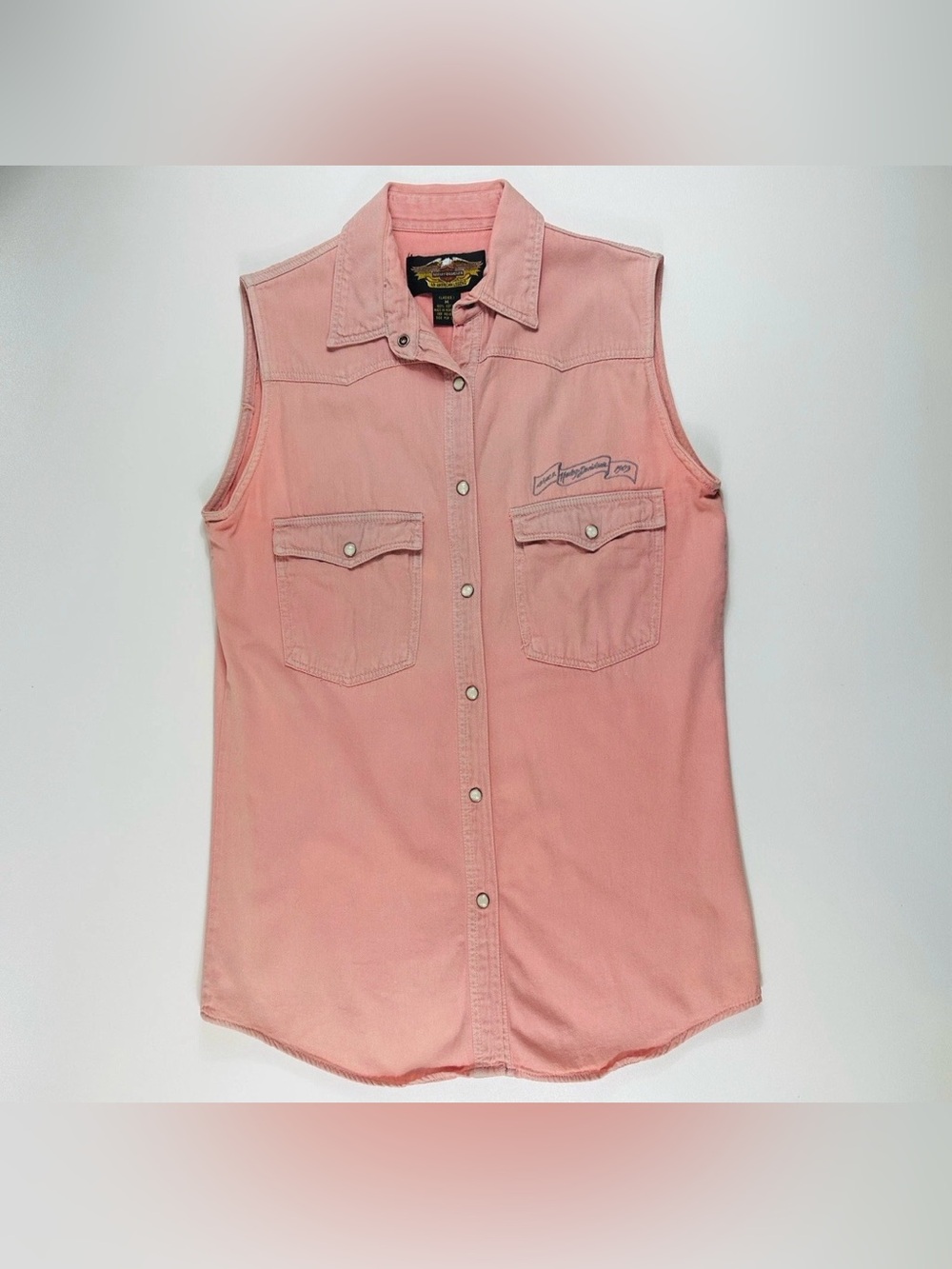Harley Davidson Womens M Pink Sleeveless Snap Shirt Embroidered Biker Western